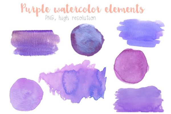 手绘紫色水彩渲染元素 Purple watercolor elements clip art
