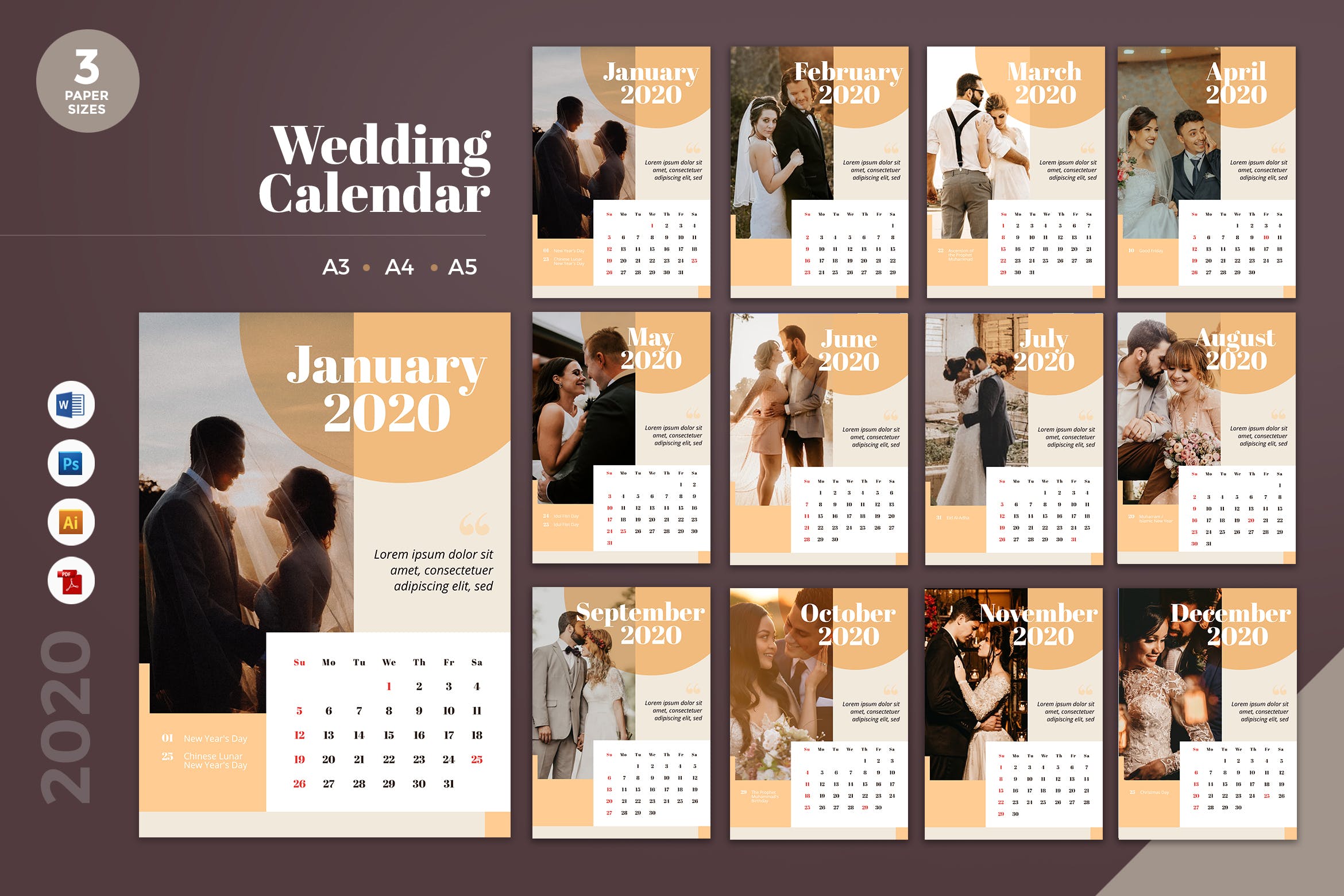 婚纱摄影婚礼定制2020年日历表设计模板 Wedding Calendar 2020 Calendar – AI, DOC, PSD插图