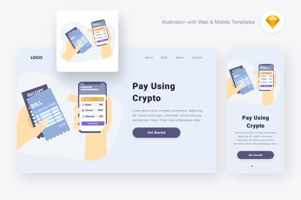 加密货币支付概念插画素材[SKETCH&amp;SVG] Paying via cryptocurrencies (Sketch, SVG)