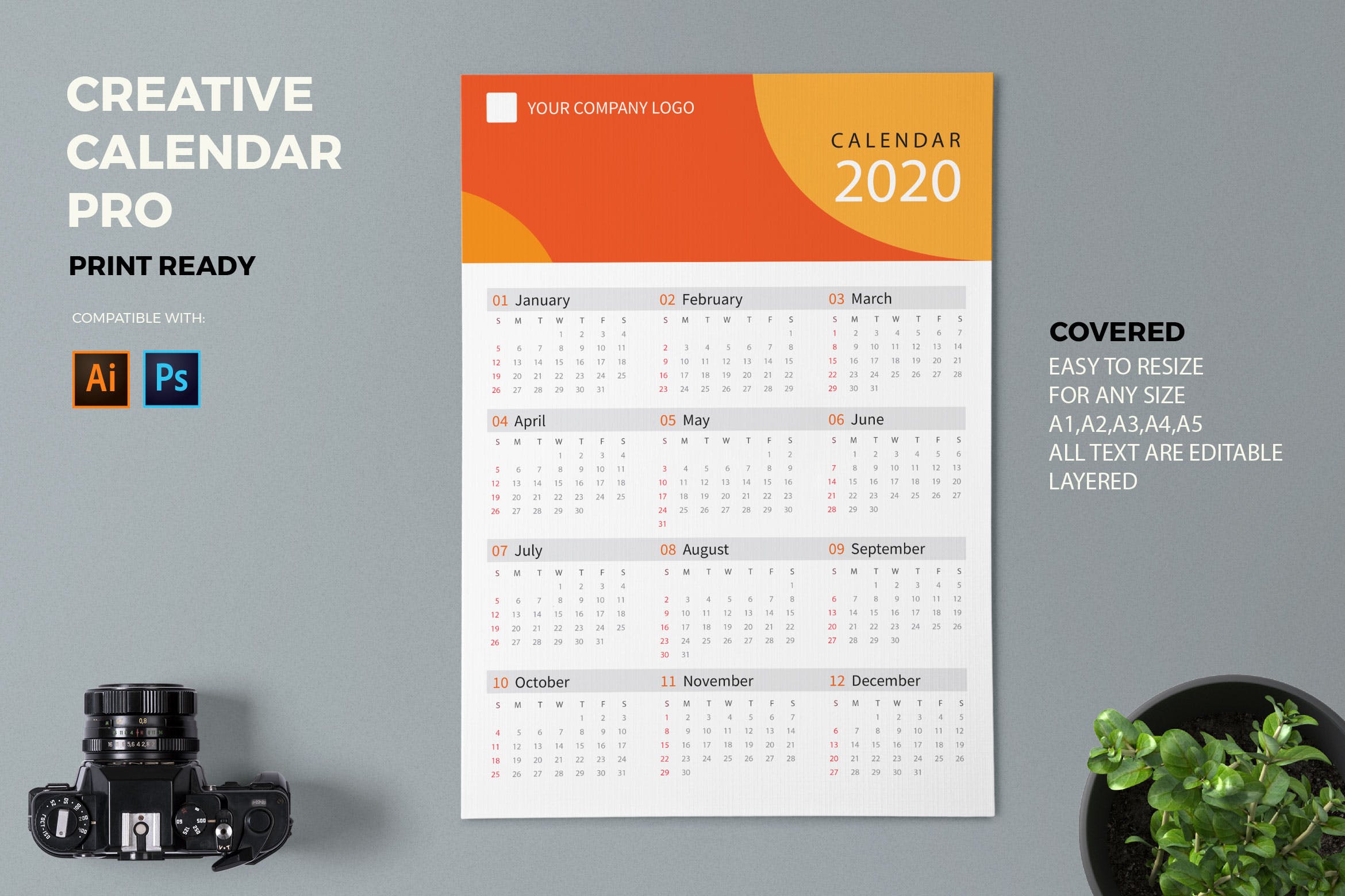 彩色几何图形2020日历表年历设计模板 Creative Calendar Pro 2020插图