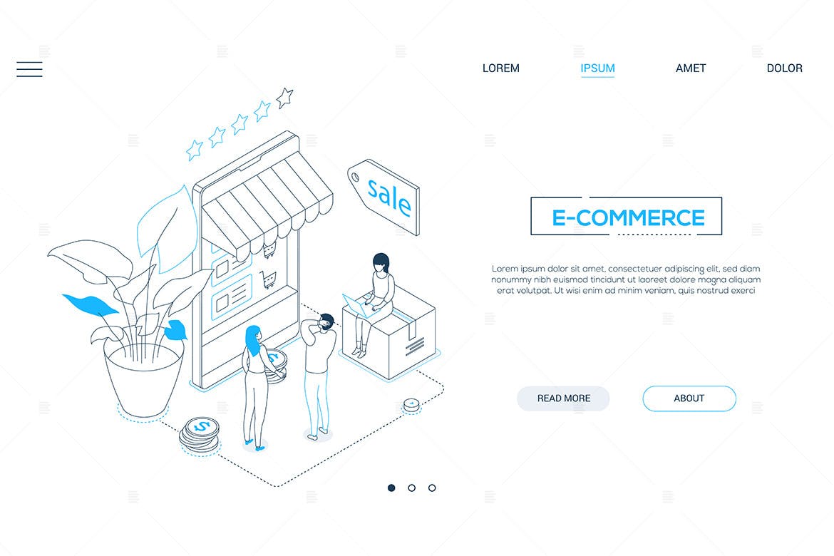 电子商务-线条艺术等距网页横幅Banner设计模板 E-commerce – line design style isometric banner插图(1)
