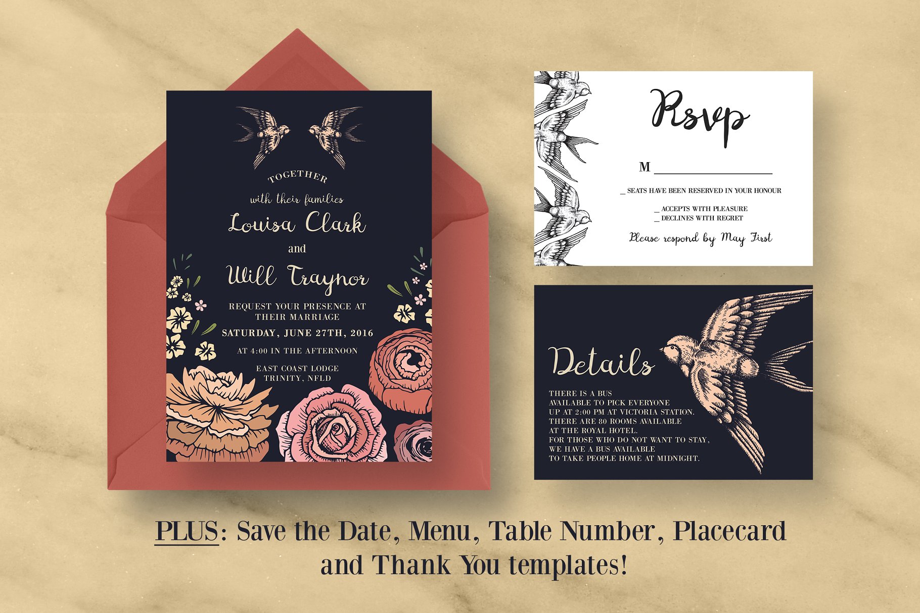 浪漫燕子寓意婚礼邀请设计套件 Romantic Swallow Bird Wedding Suite插图