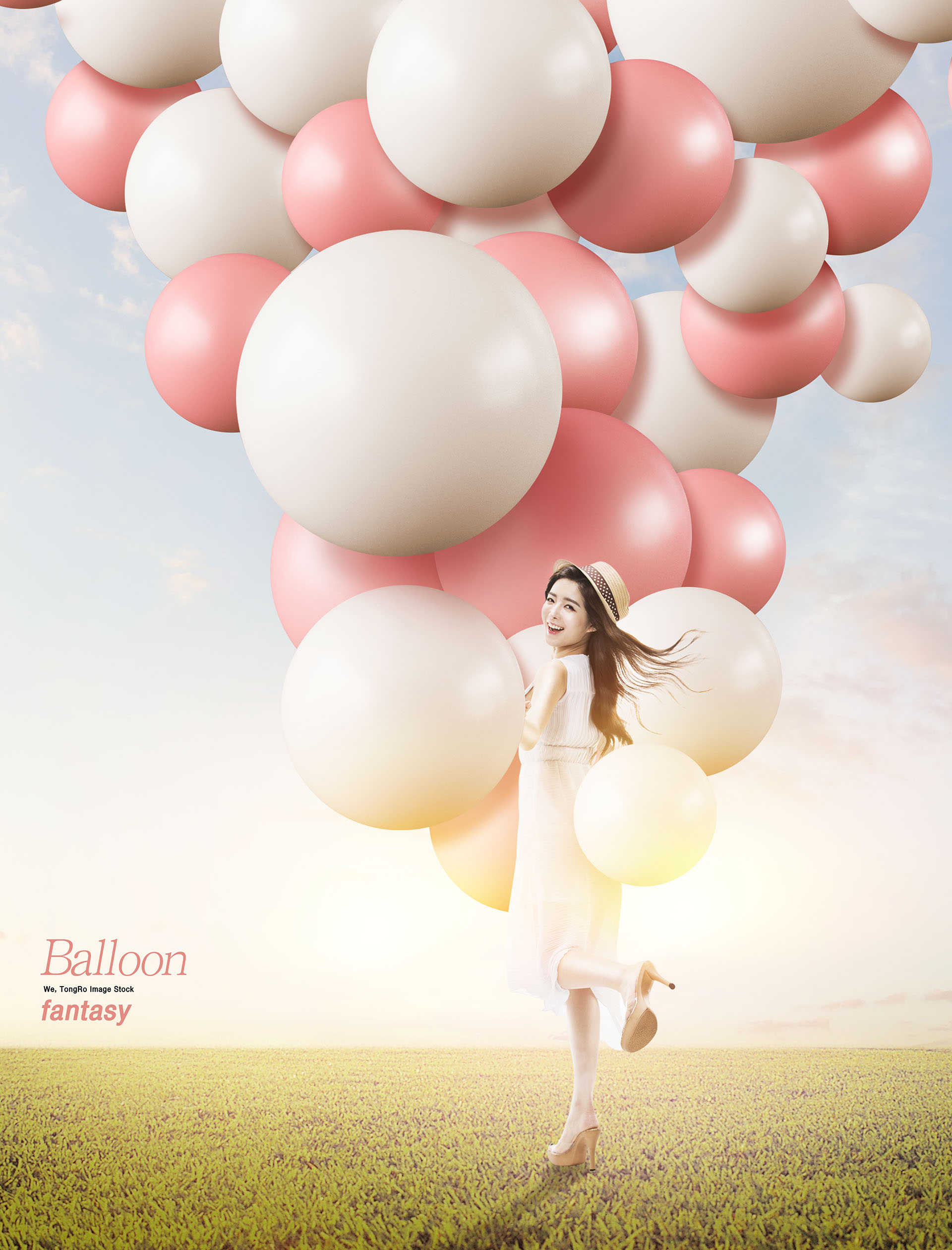 梦幻三八妇女节气球清新阳光女孩创意场景PSD海报模板插图(5)