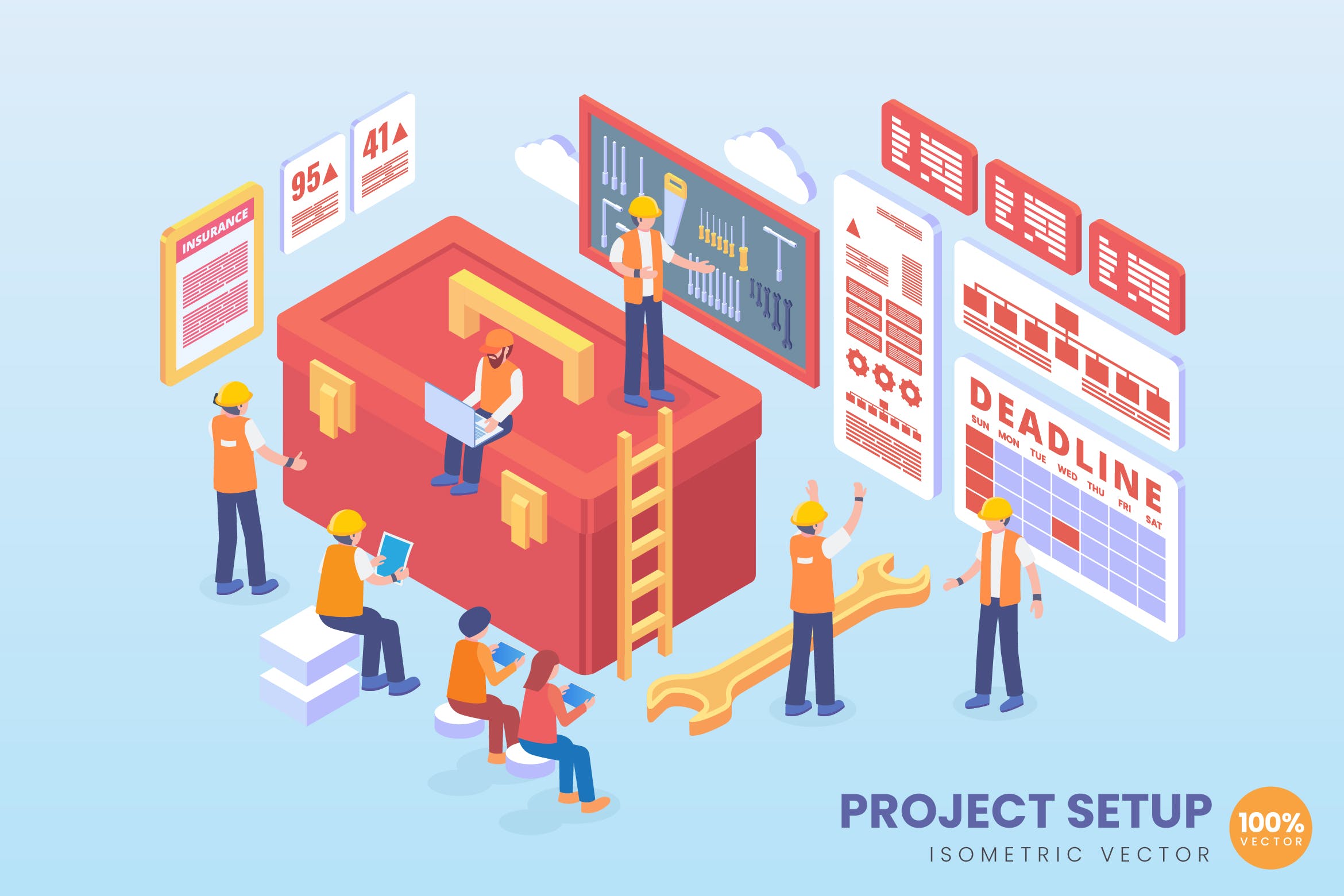 项目管理中心主题等距矢量素材库精选概念插画素材 Isometric Project Setup Vector Concept插图