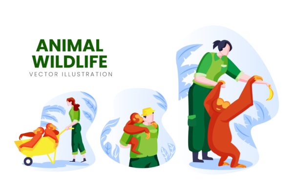 野生动物保育员人物形象素材库精选手绘插画矢量素材 Animal Wildlife Vector Character Set
