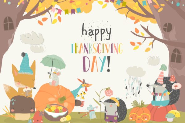 可爱动物感恩节庆祝活动矢量插画素材 Cute animals celebrating Thanksgiving day. Vector