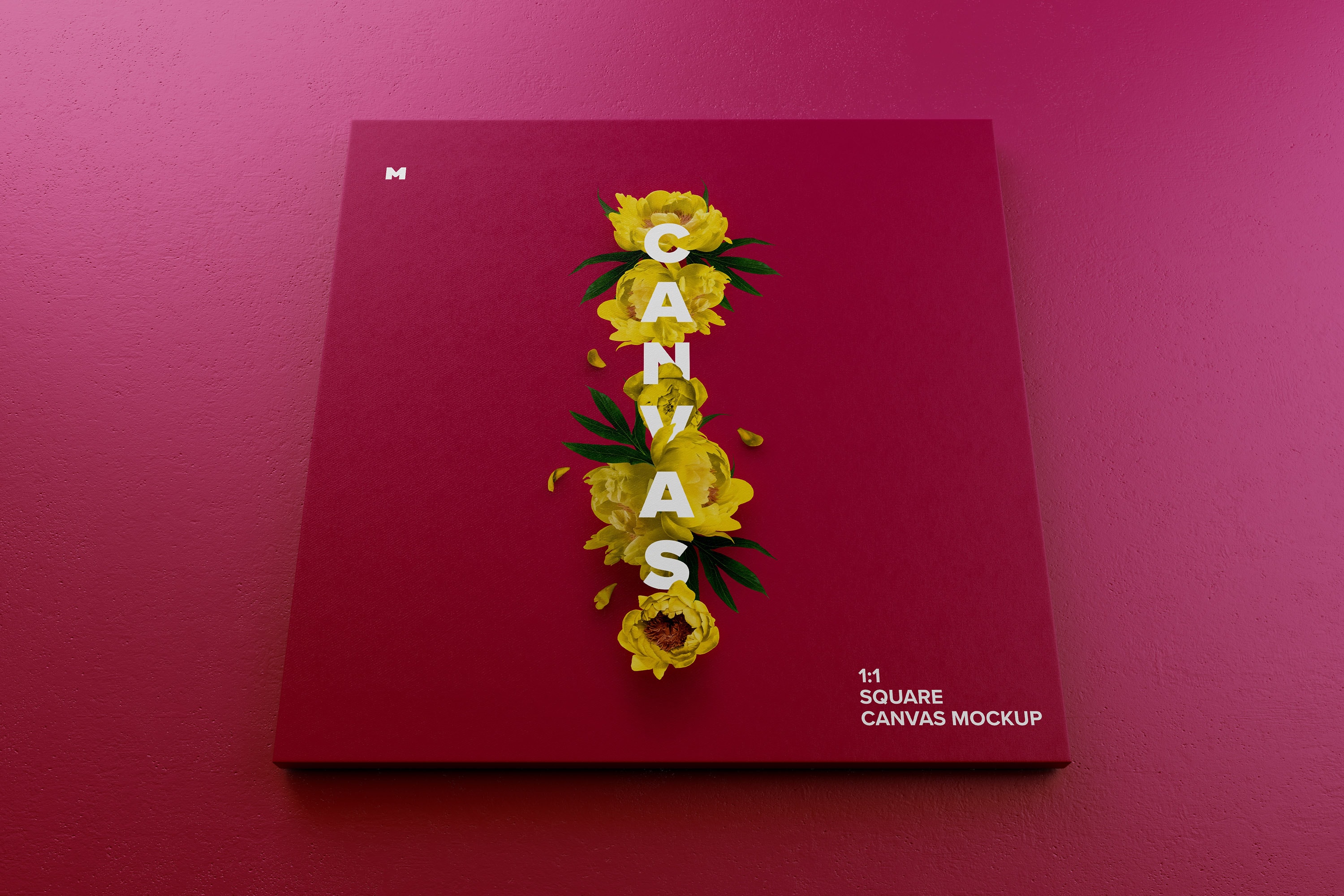 油画绘画作品挂墙展览画布底部前视图样机 Square Canvas Mockup Hanging on Wall, Bottom Front View插图(2)