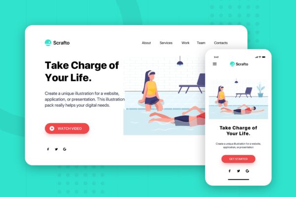 游泳/游泳池主题网站Banner&amp;着陆页设计插画素材 Scrafto – Banner &amp; Landing Page