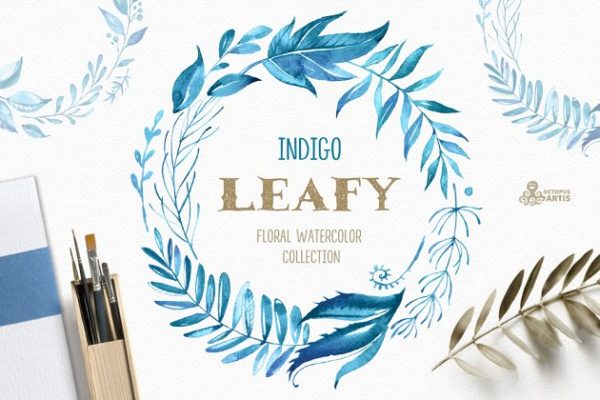 高品质靛蓝色手绘水彩花卉图案 Leafy Indigo. Watercolor Collection