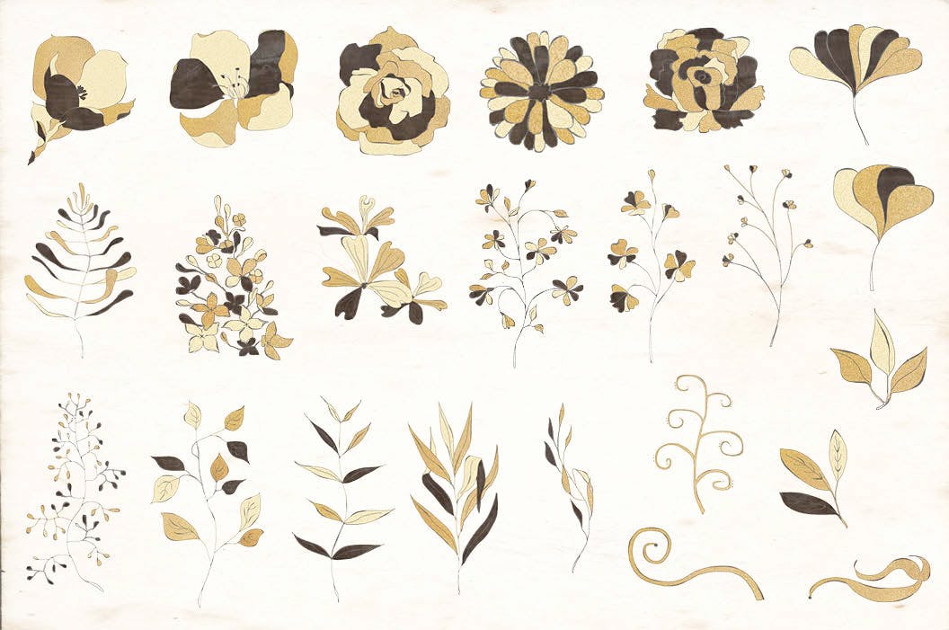 东方特色黑金配色风格字母&花卉手绘剪贴画素材库精选PNG素材 Black and Gold Eastern Design Set插图(9)