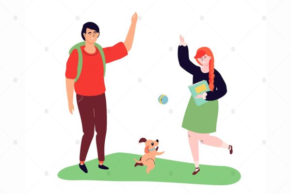 遛狗之人主题扁平设计风格矢量插画素材库精选 Teenagers playing with a dog – flat illustration