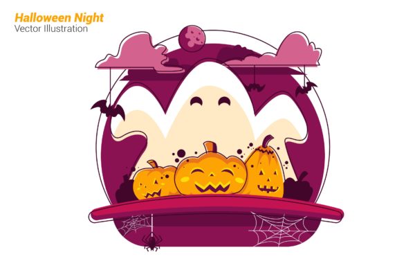 万圣节之夜场景矢量插画素材库精选素材 Halloween Night – Vector Illustration