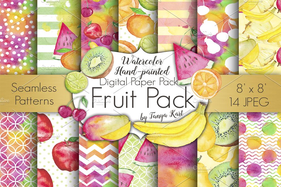 水彩数码水果图案纸张纹理 Fruit Watercolor Digital Papers Pack插图