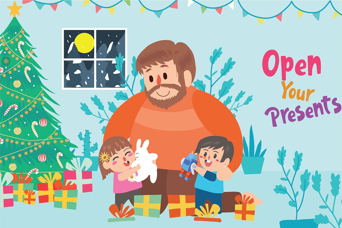 圣诞节拆礼物场景矢量插画素材 Christmas Presents – Vector Illustration插图