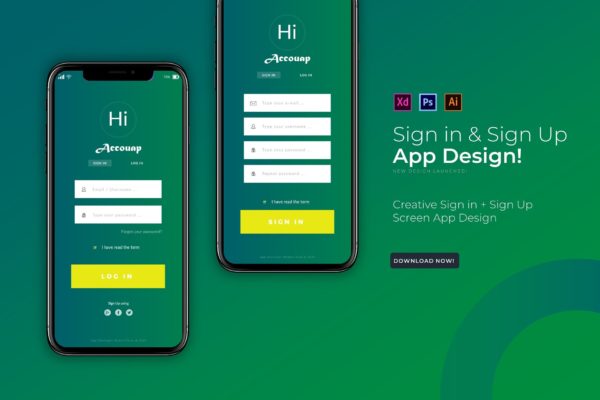 APP应用用户注册登录界面设计素材库精选模板[AI, PSD, XD] Accouapp Sign In &amp; Login | App Template