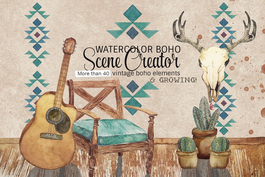 复古波希米亚风格手绘水彩素材[1.92GB] Watercolor Boho Scene Creator插图(4)