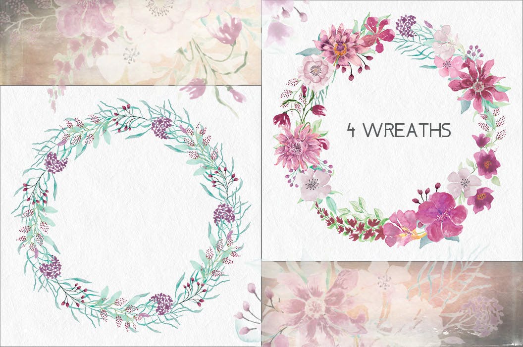 淡紫色水彩花卉设计素材库精选PNG素材包 Shades of Mauve Watercolor Design Set插图(1)