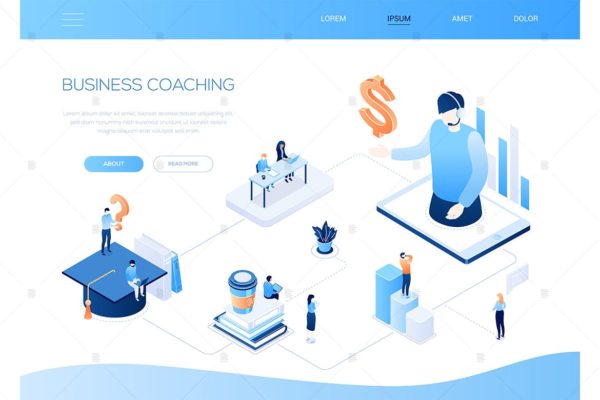 商业指导主题网站设计彩色等距素材库精选概念插画 Business coaching – colorful isometric web banner