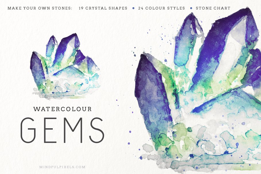 钻石宝石晶体水彩画插画 Watercolor Crystals插图