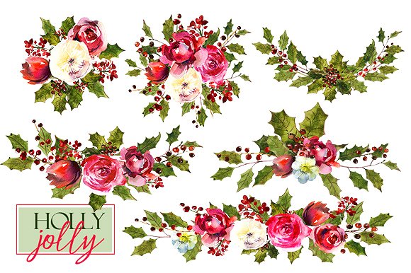 圣诞水彩剪辑集(一堆圣诞元素) Holly Steams Christmas Watercolors插图(13)