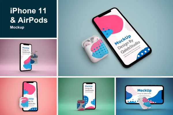 创意设计风格iPhone 11 &amp; AirPods样机模板 iPhone 11 &amp; AirPods Mockup