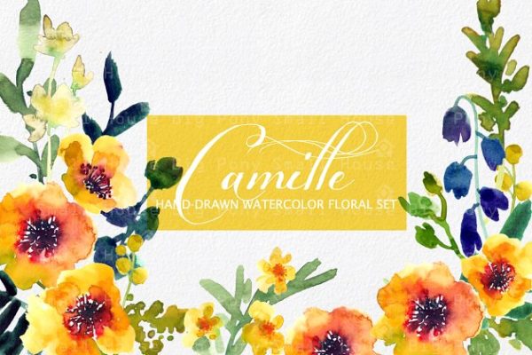 水彩阳光暖黄色花卉素材 Camille- Watercolor Clip Art Set