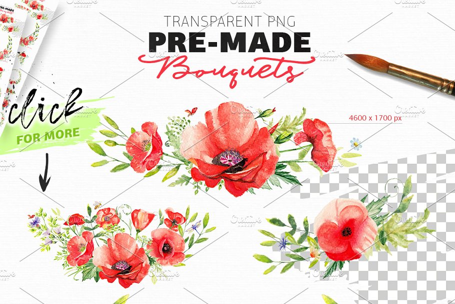 100%罂粟花水彩纹理剪贴画集合 Watercolor DIY Poppy Pack插图(2)
