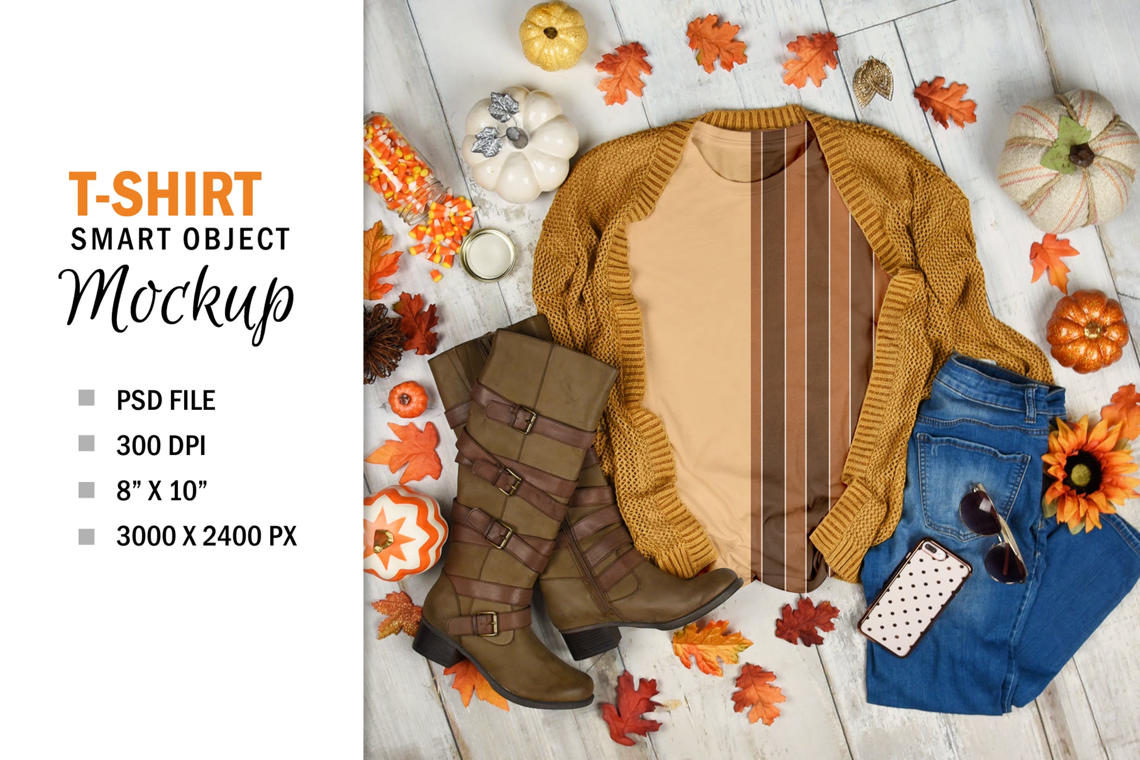 秋装T恤平铺展示效果图PSD样机模板 Fall T-Shirt Mockup Flatlay Display Photoshop PSD插图