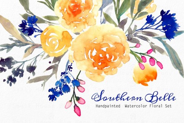 水彩手绘江南彩色花卉插画 Southern Belle – Watercolor Floral S