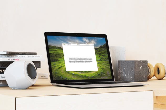 超级本笔记本电脑网页设计展示样机模板 Laptop Mock-up – Interior Set插图(1)