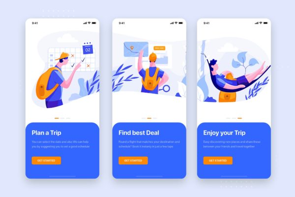 旅游主题APP概念插画引导页设计模板 On boarding for Travel Mobile App