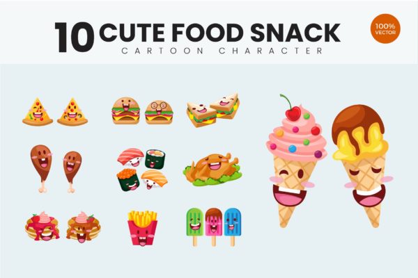 10个小吃美食可爱卡通形象矢量插画v1 10 Cute Food Snack Vector Illustration Vol.1