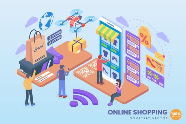 网上购物电子商务主题等距素材库精选概念插画 Isometric Online Shopping Vector Concept