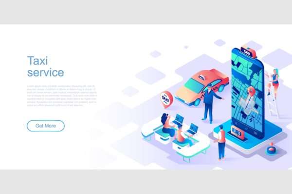 网约车主题网站等距扁平风素材库精选概念插画 Taxi Service Isometric Flat Concept Header