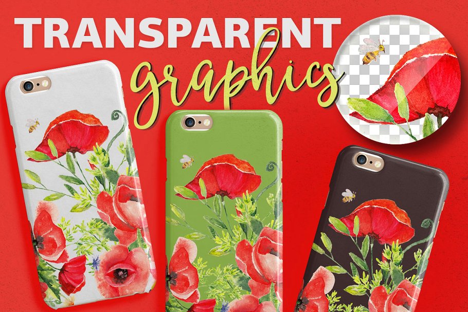 100%罂粟花水彩纹理剪贴画集合 Watercolor DIY Poppy Pack插图(6)