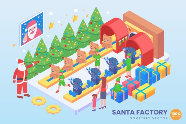 圣诞工厂等距矢量科技素材库精选概念插画v2 Isometric Santa Factory Vector Concept