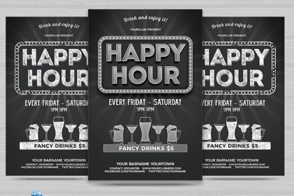 酒吧清吧冷饮店活动海报PSD模板 Happy Hour Flyer