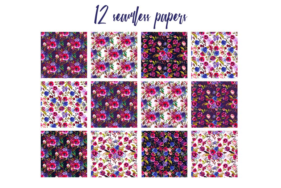 蓝莓色&海军蓝水彩花卉剪贴画 Berry & Navy Watercolor Flowers PNG插图(7)