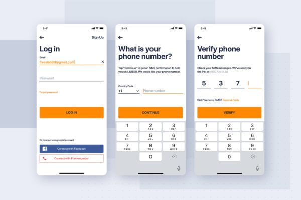 类滴滴打车APP应用手机短信验证界面设计模板 Car rental mobile UI Kit – Verify phone number