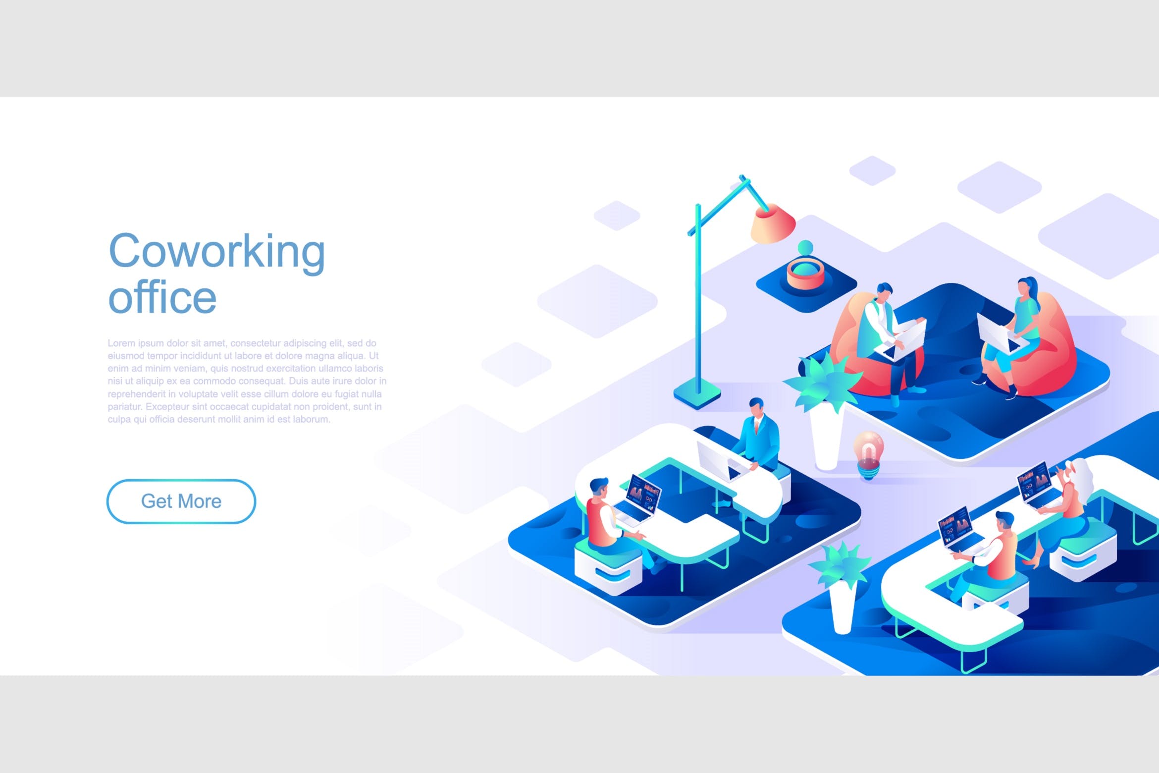开放式办公区域主题网站设计等距素材库精选概念插画 Coworking Office Isometric Flat Concept Header插图