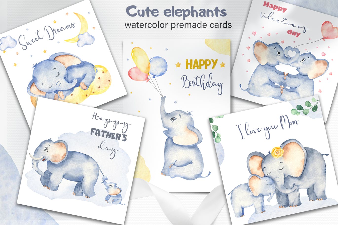 可爱卡通小象水彩手绘剪贴画&卡片素材 Watercolor cute elephants. Clipart and cards插图(5)