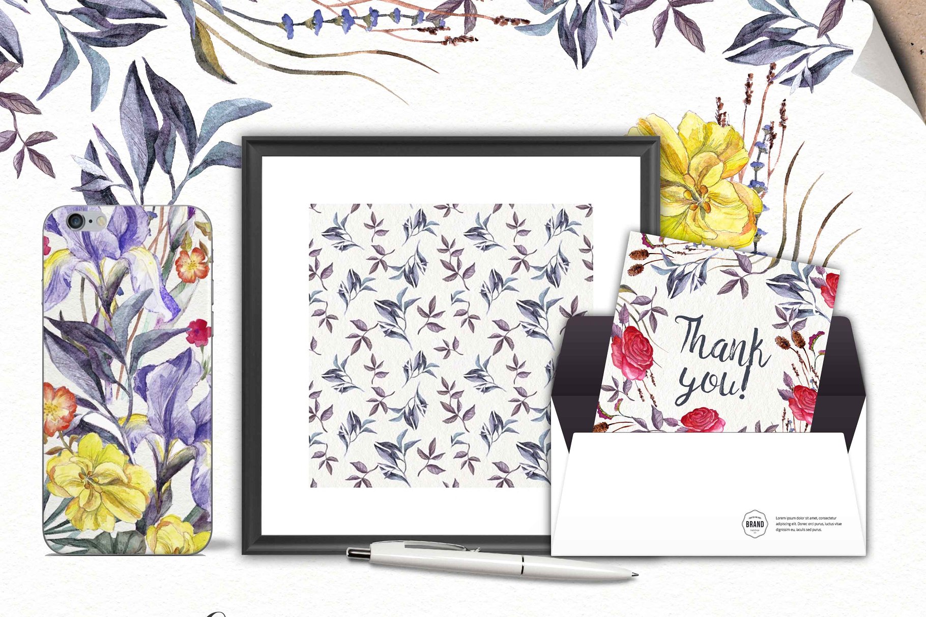 极力推荐:水彩设计素材合集(花草/花环/花束/树叶元素,明信片模板&无缝图案) Wildflowers vol.3插图(5)