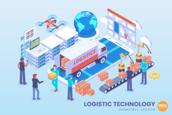 智能物流技术等距矢量科技素材库精选概念插画v1 Isometric Logistic Technology Vector Concept