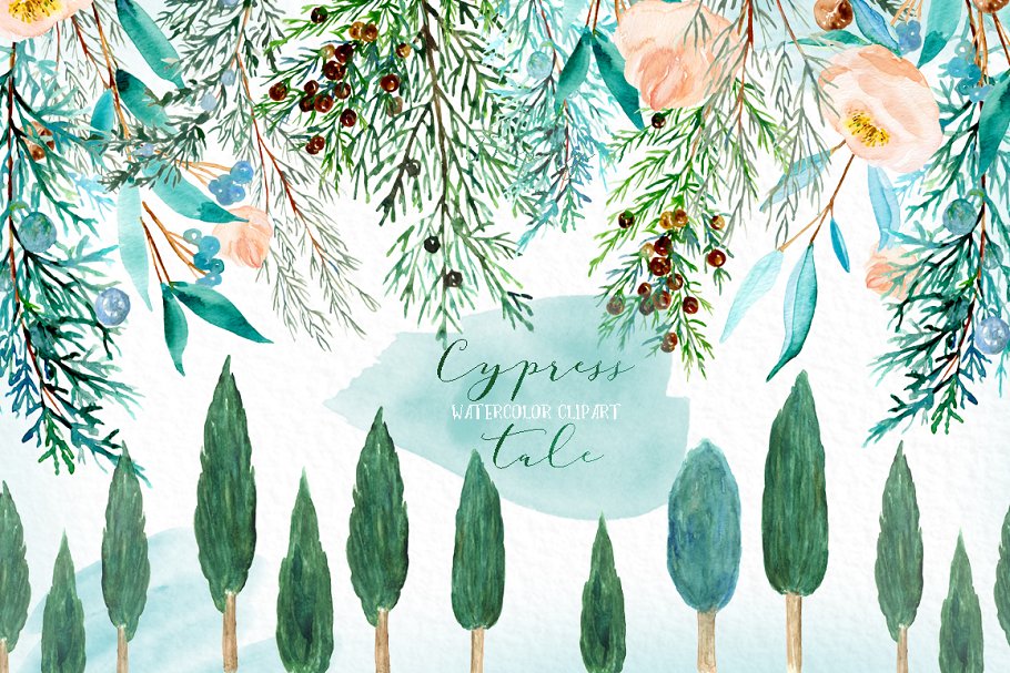 柏树水彩剪贴画 Cypress tale. Watercolor clipart插图(8)