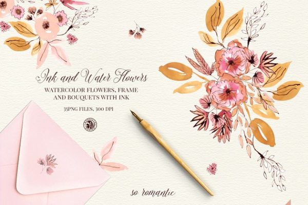 彩色水墨花卉插画设计素材 Ink and Water Flowers