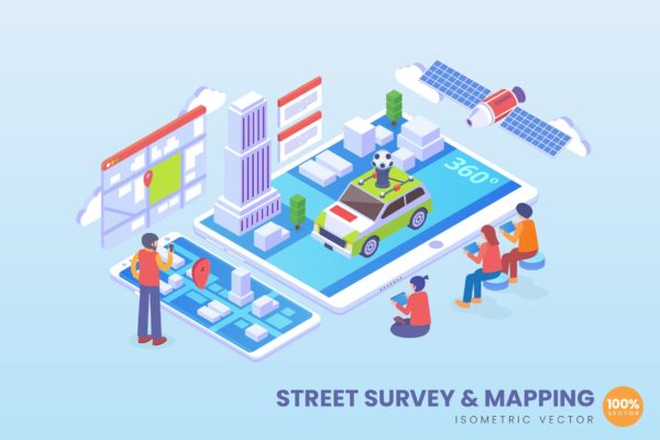 街道测量与地图绘制技术等距矢量科技素材库精选概念插画 Isometric Street Survey And Mapping Vector Concept