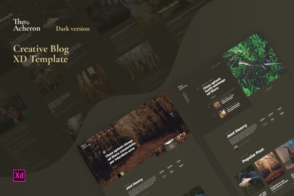 创意博客网站夜间模式界面设计XD模板 Acheron Dark – Creative Blog XD Template
