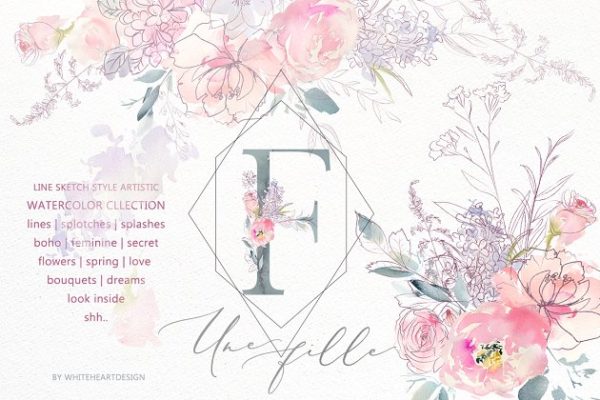 极力推荐：梦幻水彩花卉&amp;涂鸦线条素材包 Une Fille Watercolor Artistic Set [2.7GB]