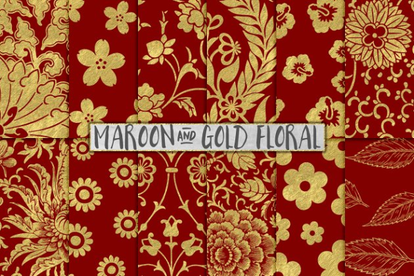 12种金箔花卉图案背景 Maroon and Gold Floral Papers