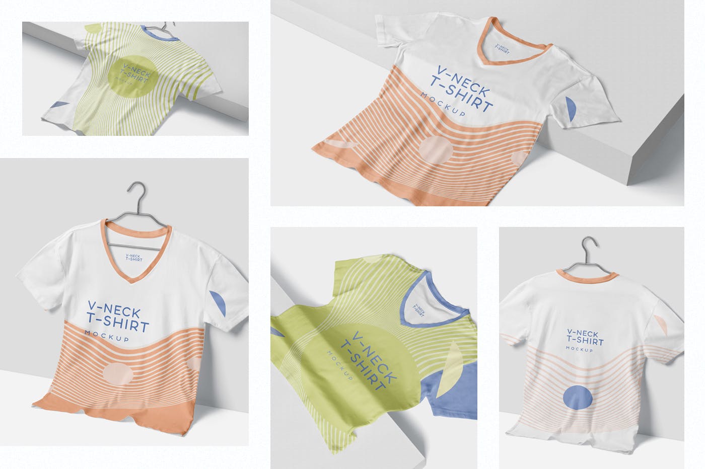 多视角V领T恤印花设计展示样机模板 5 Trendy V-Neck T-Shirt Mockups插图(1)
